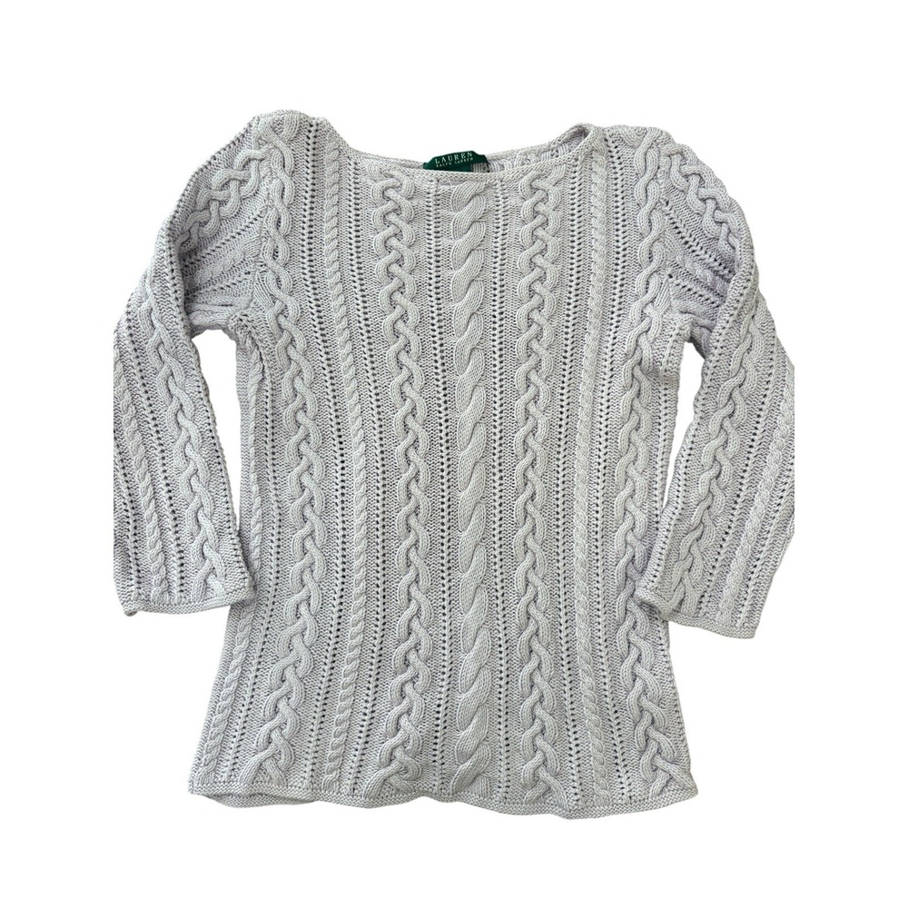 Vtg 90s Lauren Ralph Lauren Pale Purple Cable Knit Sweater Pullover Boatneck M - Picture 2 of 8